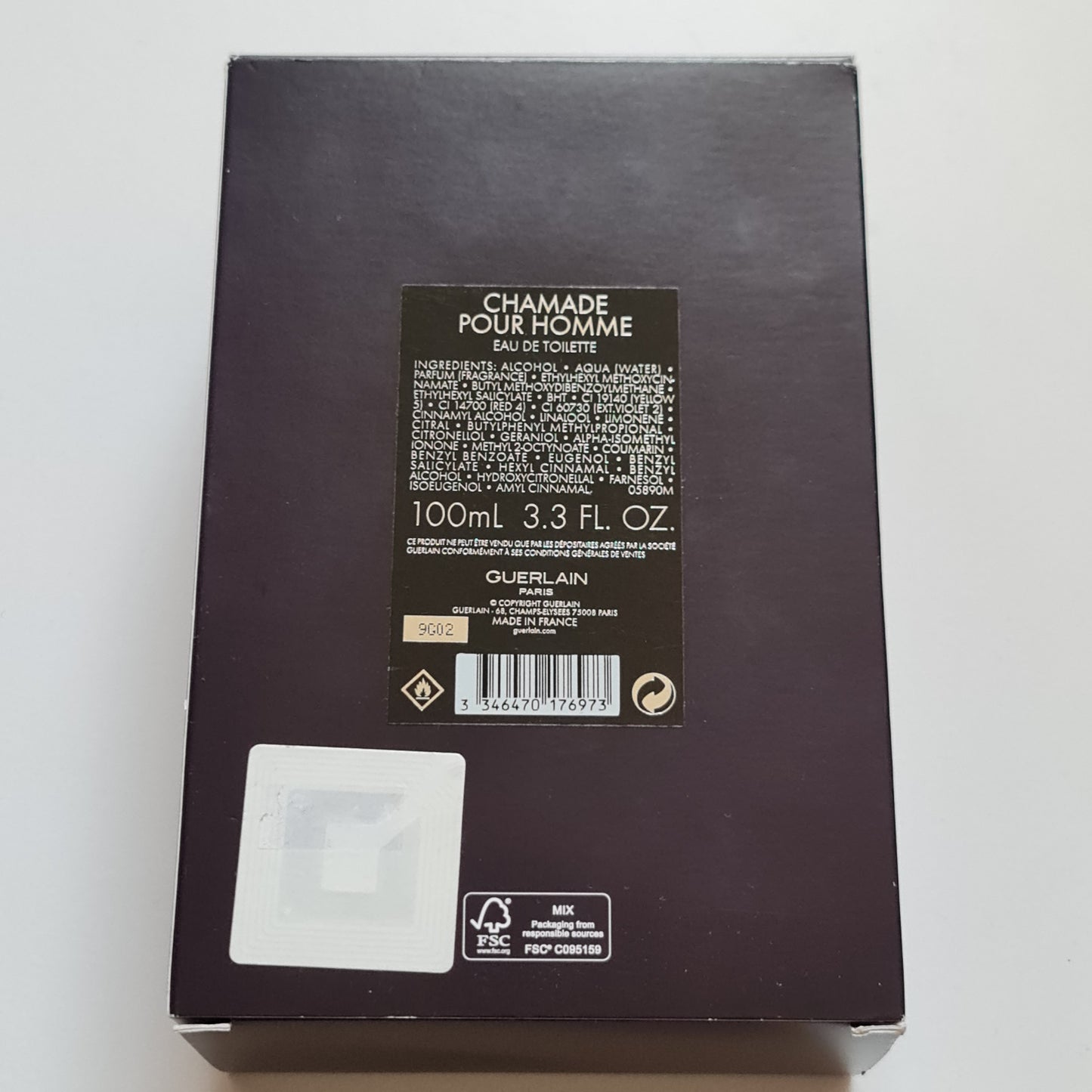 Guerlain Chamade Pour Homme Eau de Toilette 100ml. Photo showing rear of box, perfume, scent, cologne and fragrance.