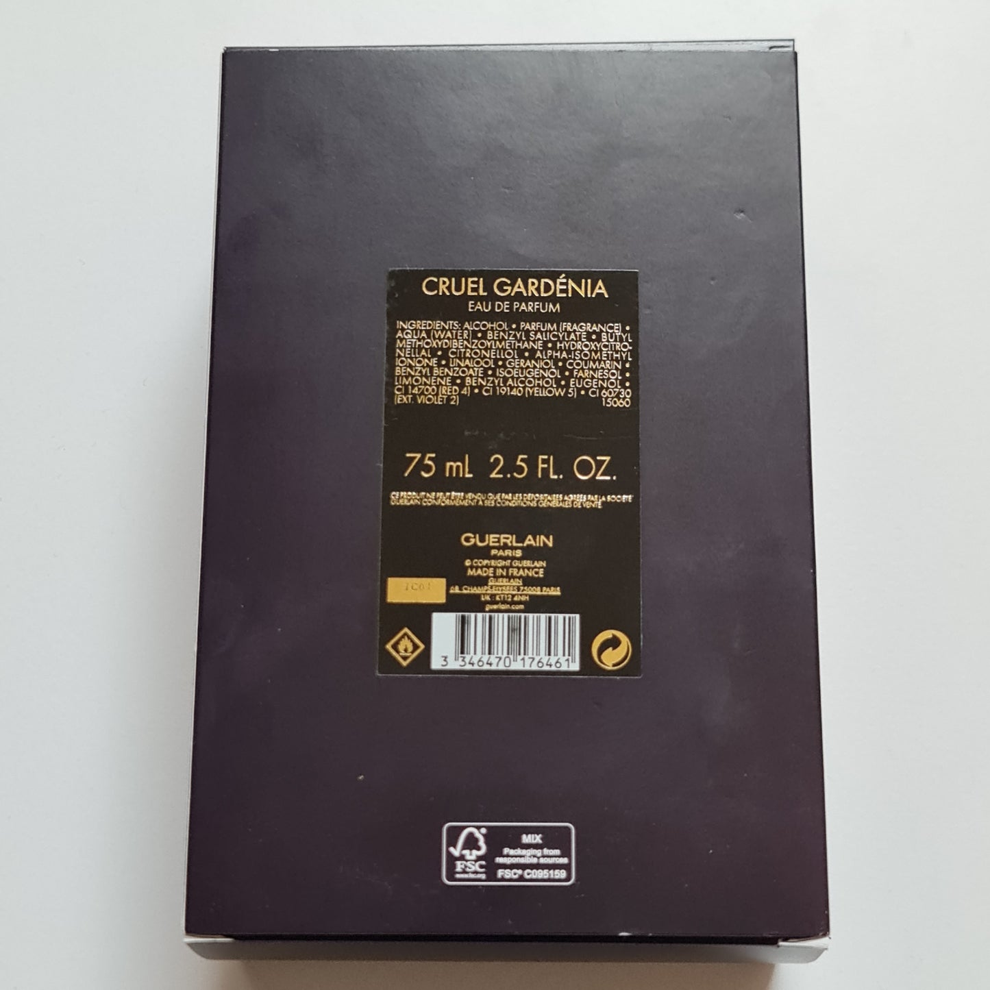 Guerlain Cruel Gardenia Eau De Parfum 100ml. Photo showing rear of box, perfume, scent, cologne and fragrance.