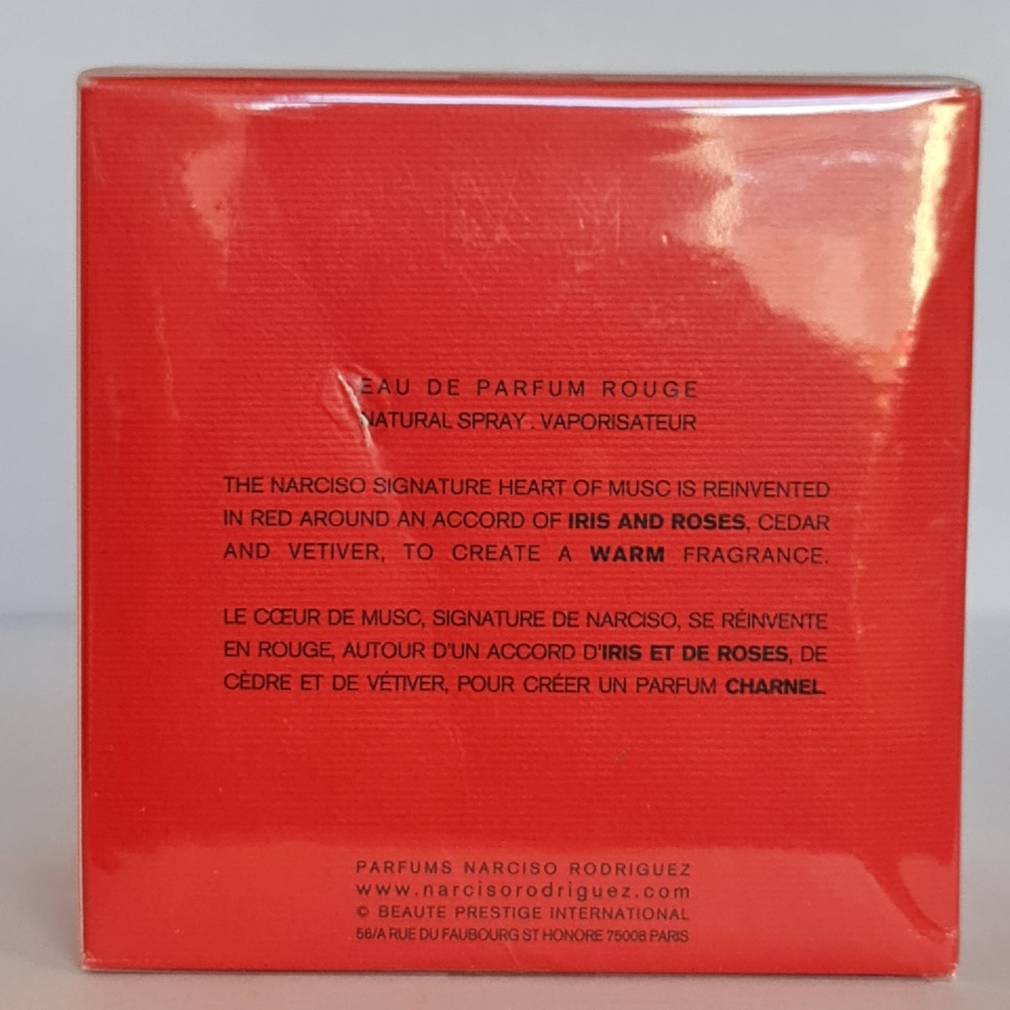Narciso Rodriguez Rouge Eau De Parfum 90ml. Box imperfect. See Description