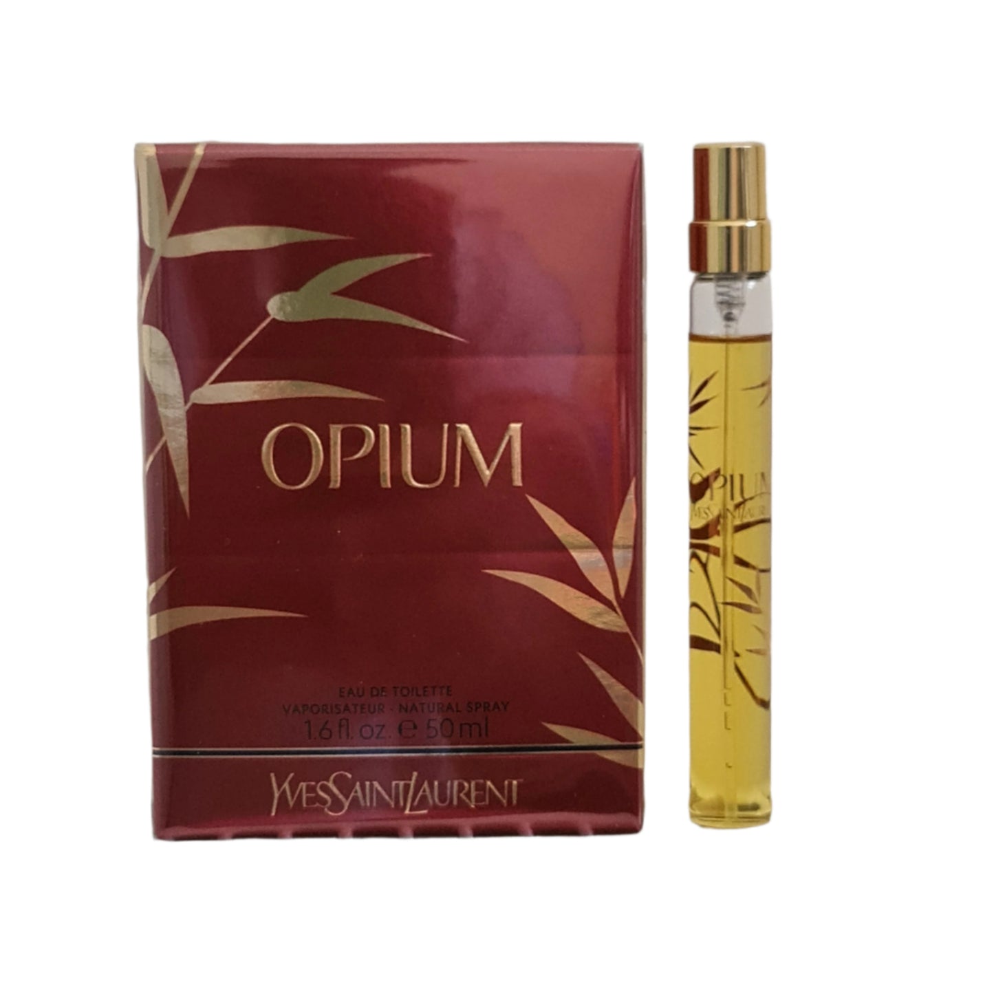 Perfume box and purse spray side by side.