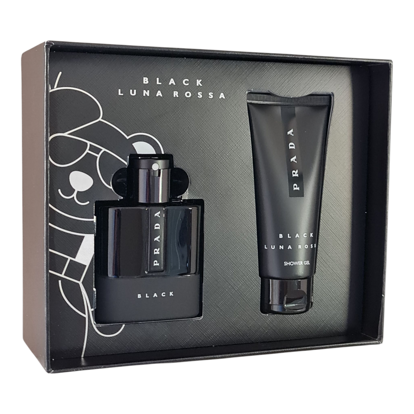 Prada Luna Rossa Black Eau de Parfum 50ml. Vintage. Imperfect Gift Box. See description. Front angled photo of internal of gift box.