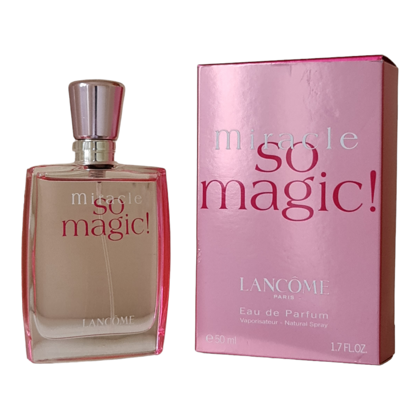 Lancome So Magic! Eau De Parfum 50ml. Angled photo of box and bottle, perfume, cologne, scent and fragrance.