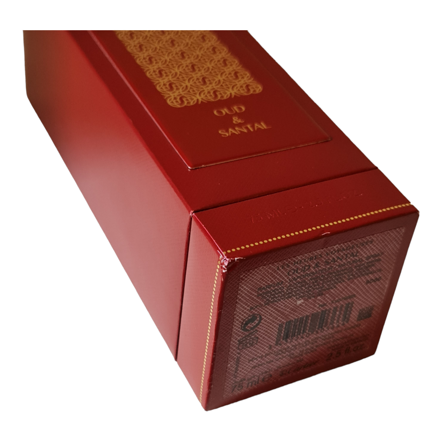 Cartier Oud & Santal Parfum 75ml. Front showing base of box, perfume, scent, cologne and fragrance.