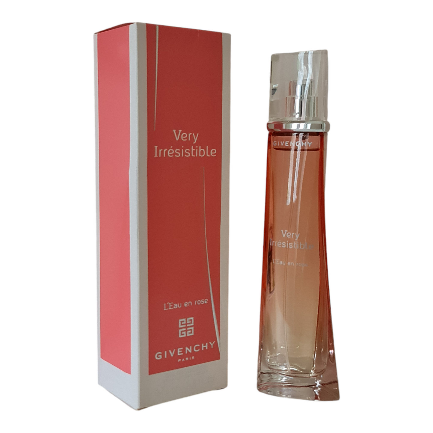 Givenchy Very Irresistible L'Eau en rose 75ml Eau De Toilette. Box and perfume bottle at a angle.