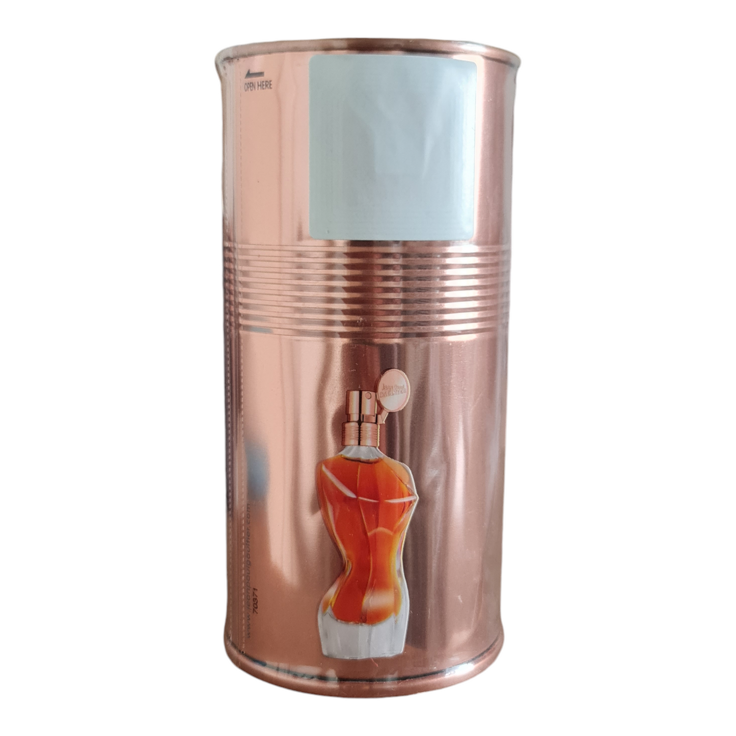 Rear photo of fragrance box showing white sticker.