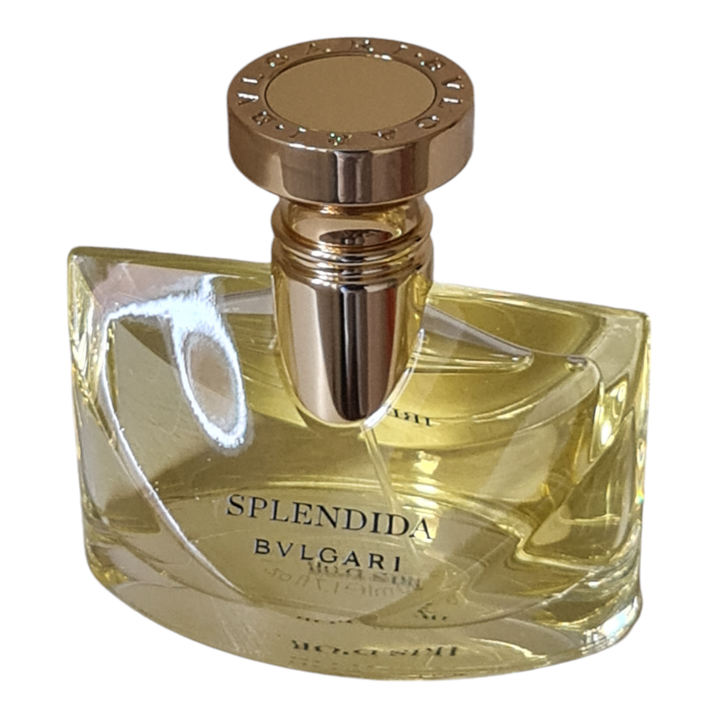 Perfume bottle at a angle.