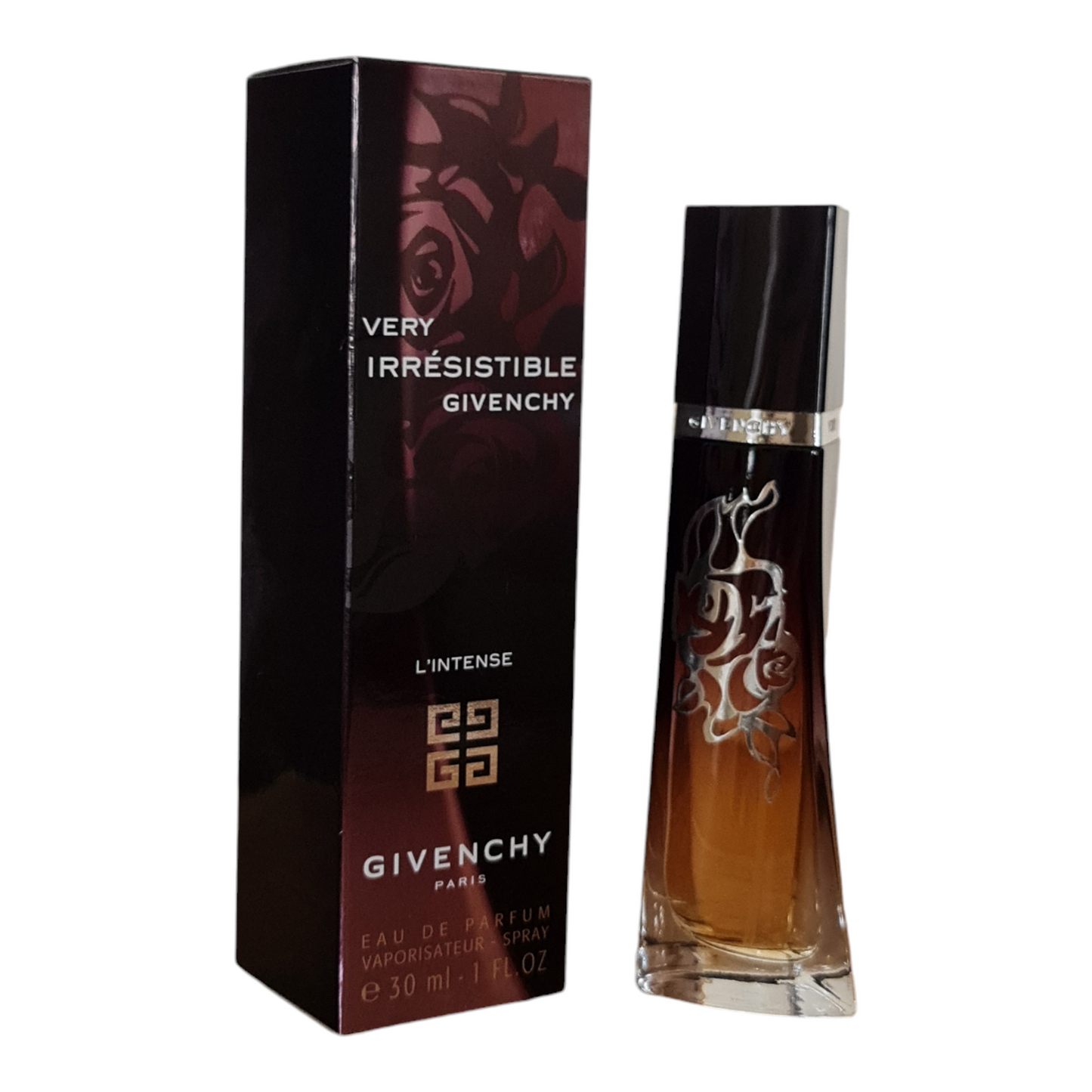 Givenchy Very Irresistible L'Intense 30ml Eau De Parfum. Perfume box and bottle at a angle photo.