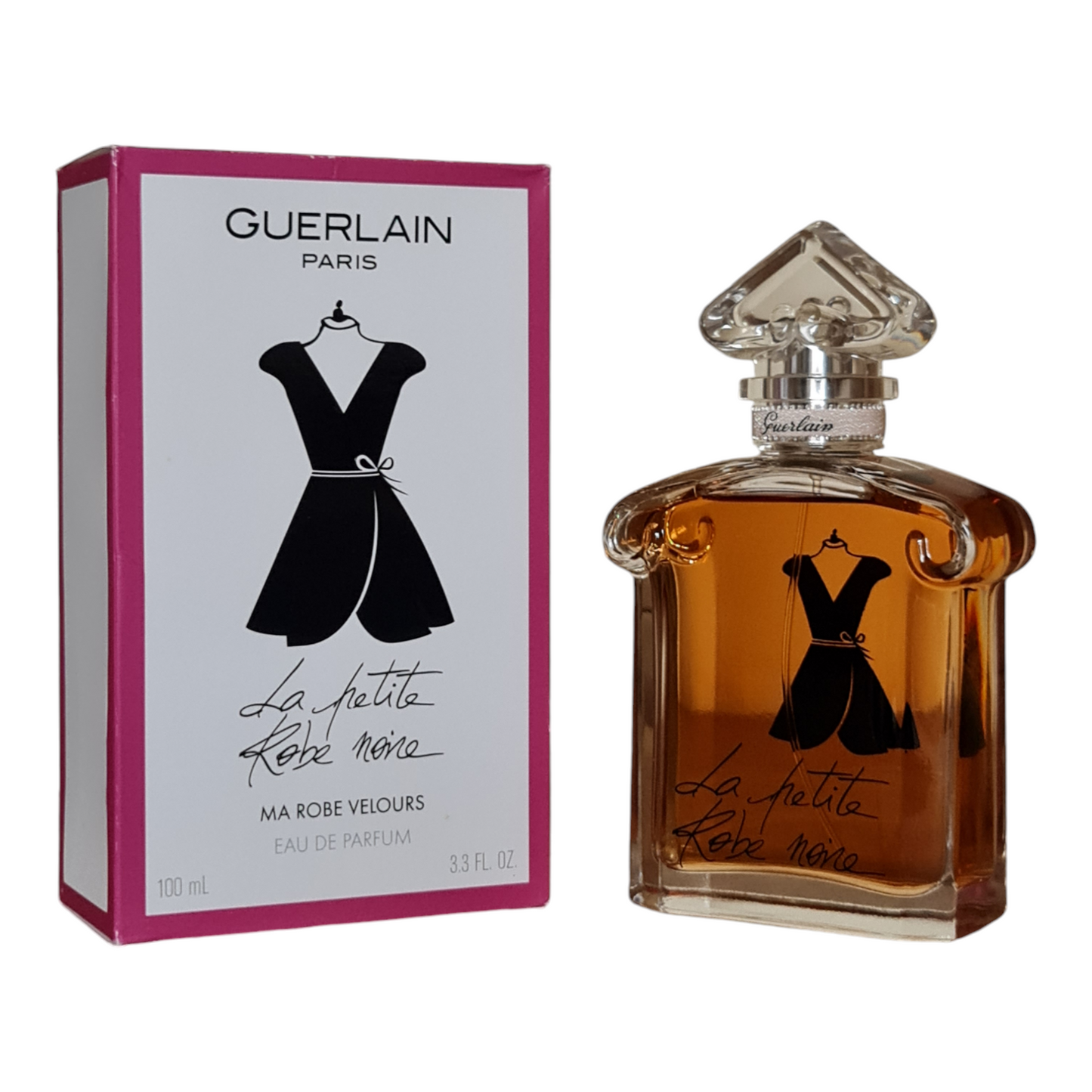 Guerlain La Petite Robe Noire Ma Robe Velours 100ml. Perfume box and bottle at a angle photo.
