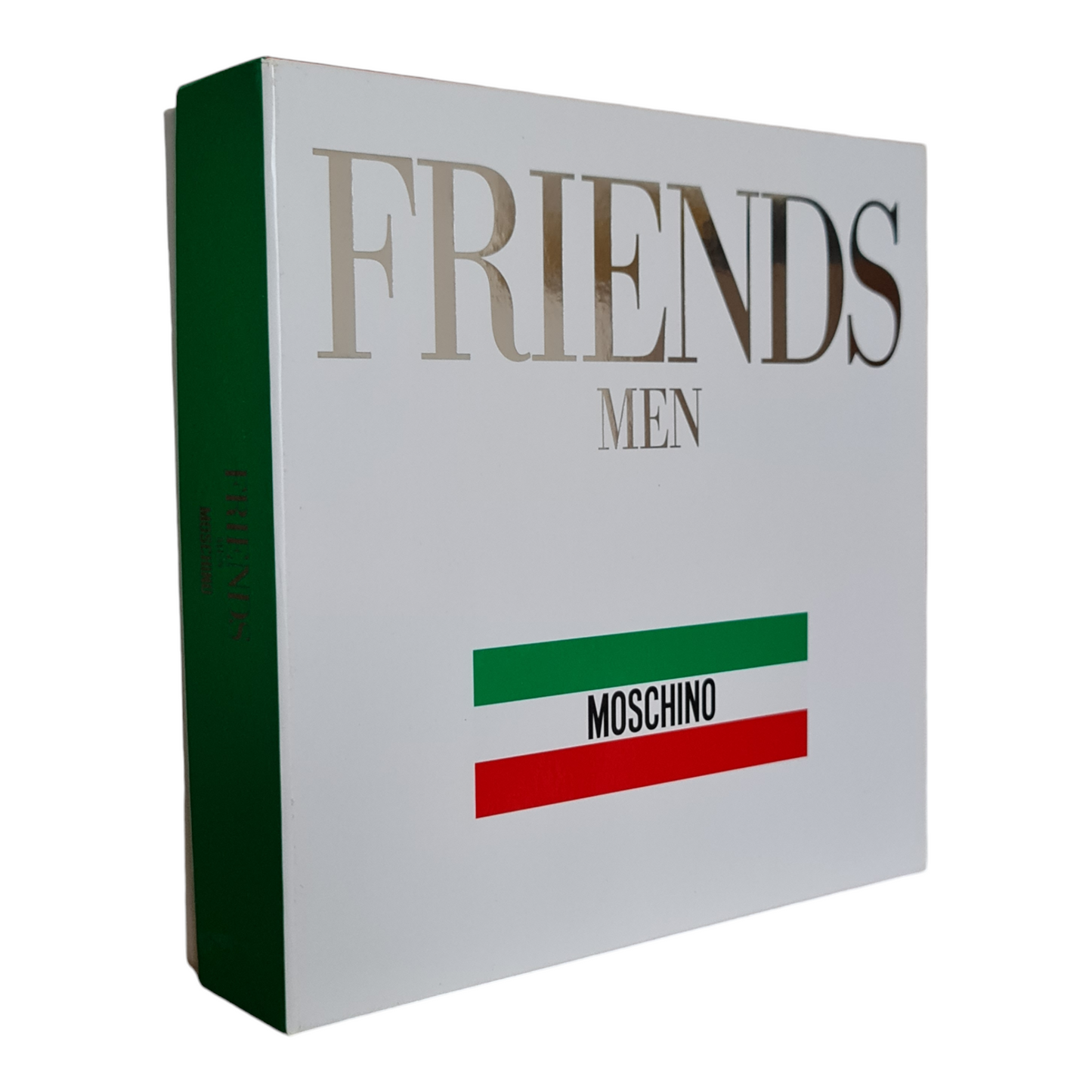 Friends Men Moschino. Front angled cover of gift box.