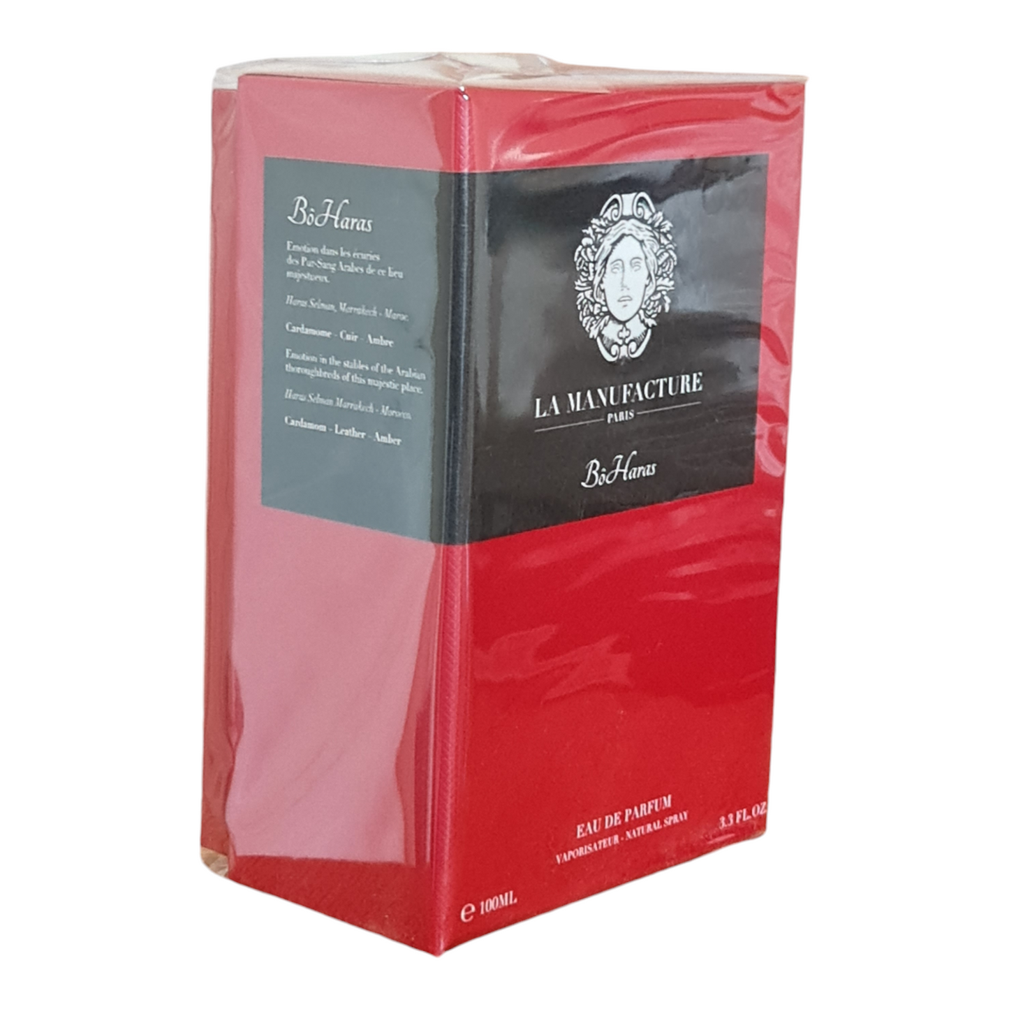 La Manufacture Paris BoHaras Eau de Parfum 100ml. Angled photo showing side of perfume box.