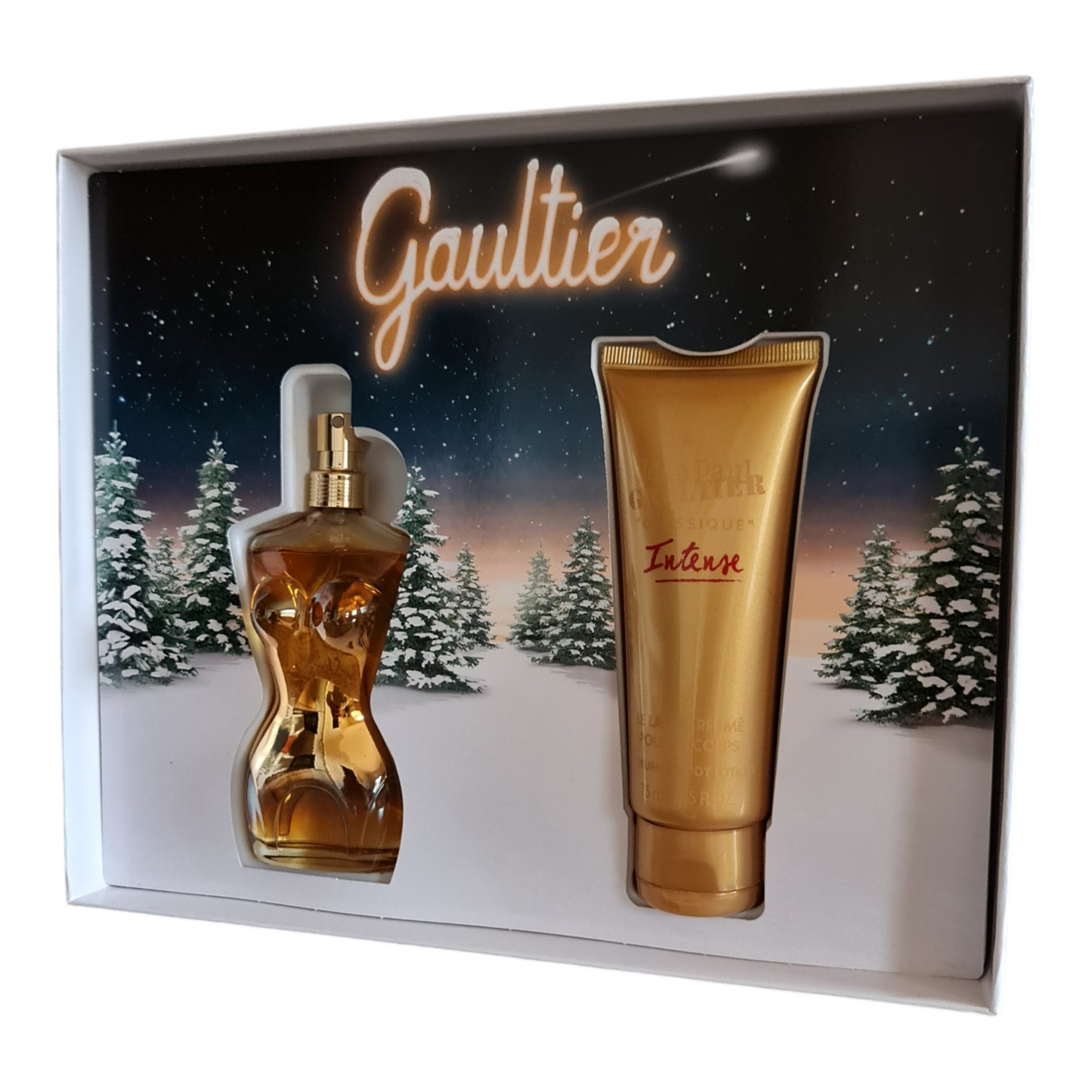 Jean Paul Gaultier Classique Intense Eau de Parfum 50ml Gift Set. Second photo showing the perfume bottle and the 75ml perfumed body lotion.