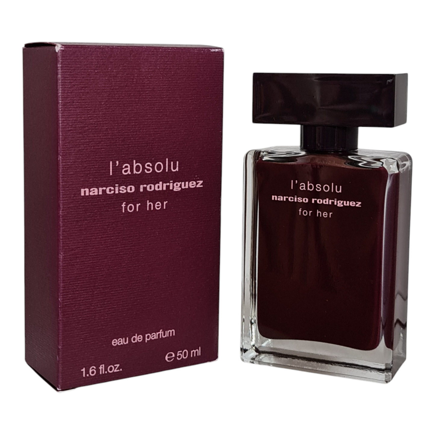 Narciso Rodriguez L'Absolu For Her Eau de Parfum 50ml. Cologne box and perfume bottle side by side at a angle.