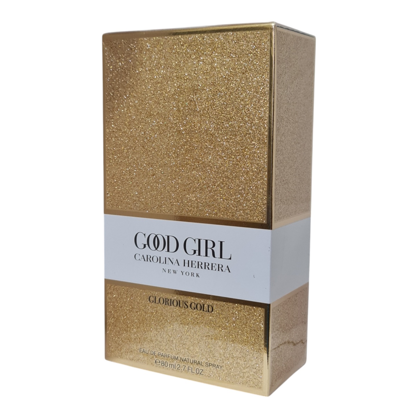 Carolina Herrera Good Girl Glorious Gold Eau de Parfum 80ml. Imperfect box. Front angled photo of perfume box.