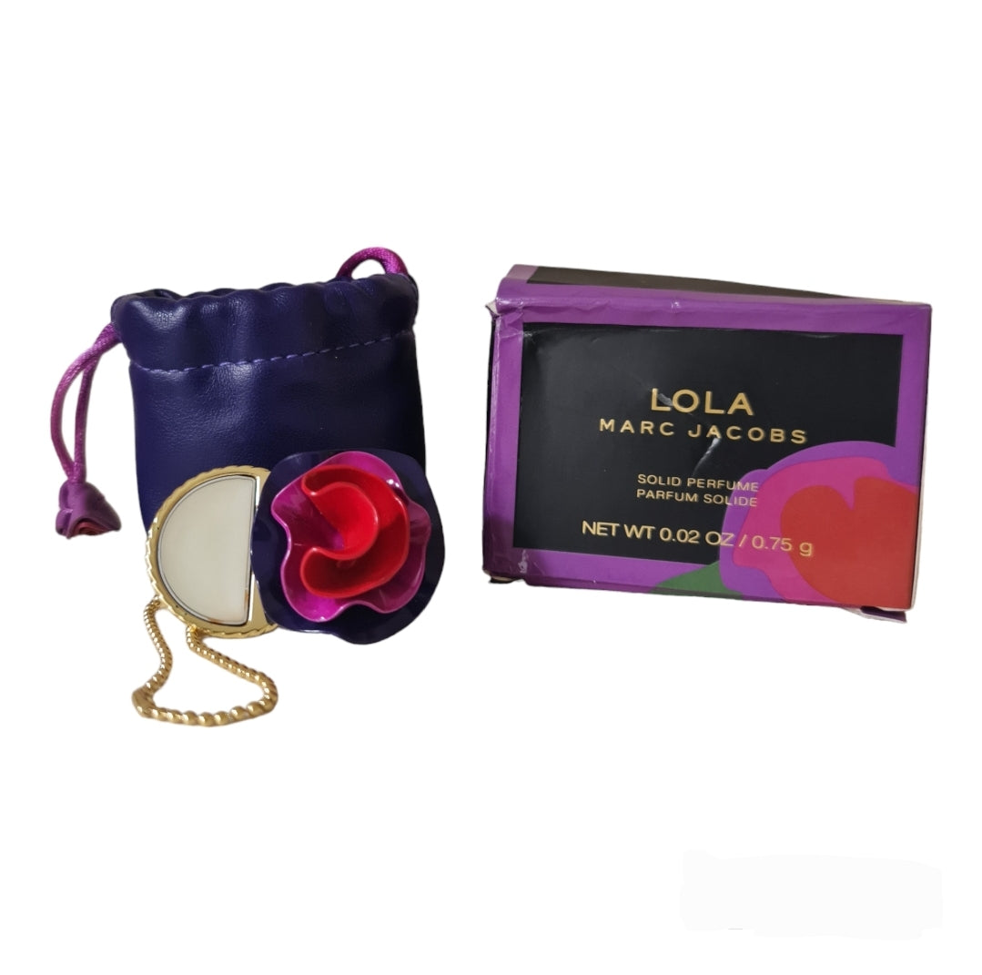 Marc Jacobs Lola Solid Perfume Parfum Solid. Front photo showing, open ring, pouch and box, perfume, fragrance, scent and cologne.