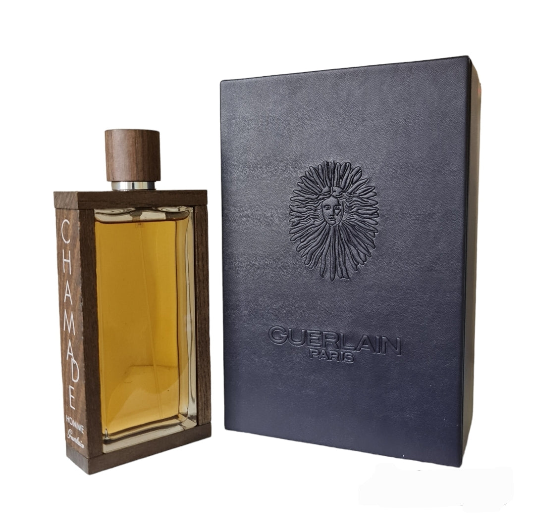 Guerlain Chamade Pour Homme Eau de Toilette 100ml. Front angled photo showing bottle and box, perfume, scent, cologne and fragrance.