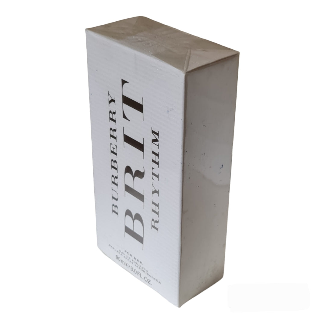 Burberry Brit Rhythm For Her Eau De Toilette 90ml. Front angled photo of perfume box.
