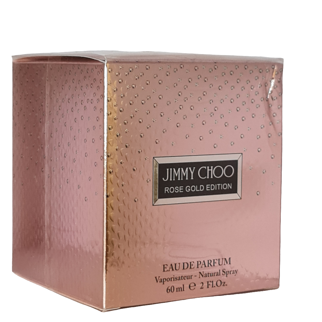 Jimmy Choo Rose Gold Edition Eau de Parfum 60ml. Imperfect box. See Description. Front angled photo of the perfume box.