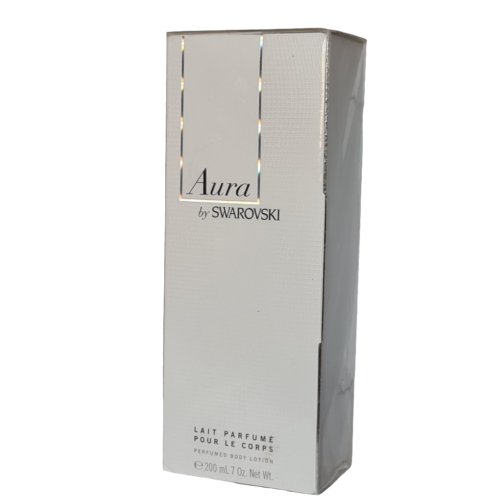 Aura by Swarovski Perfumed Body Lotion 200ml. Imperfect Sealed Box & Cellophane. Front angled photo of body lotion.