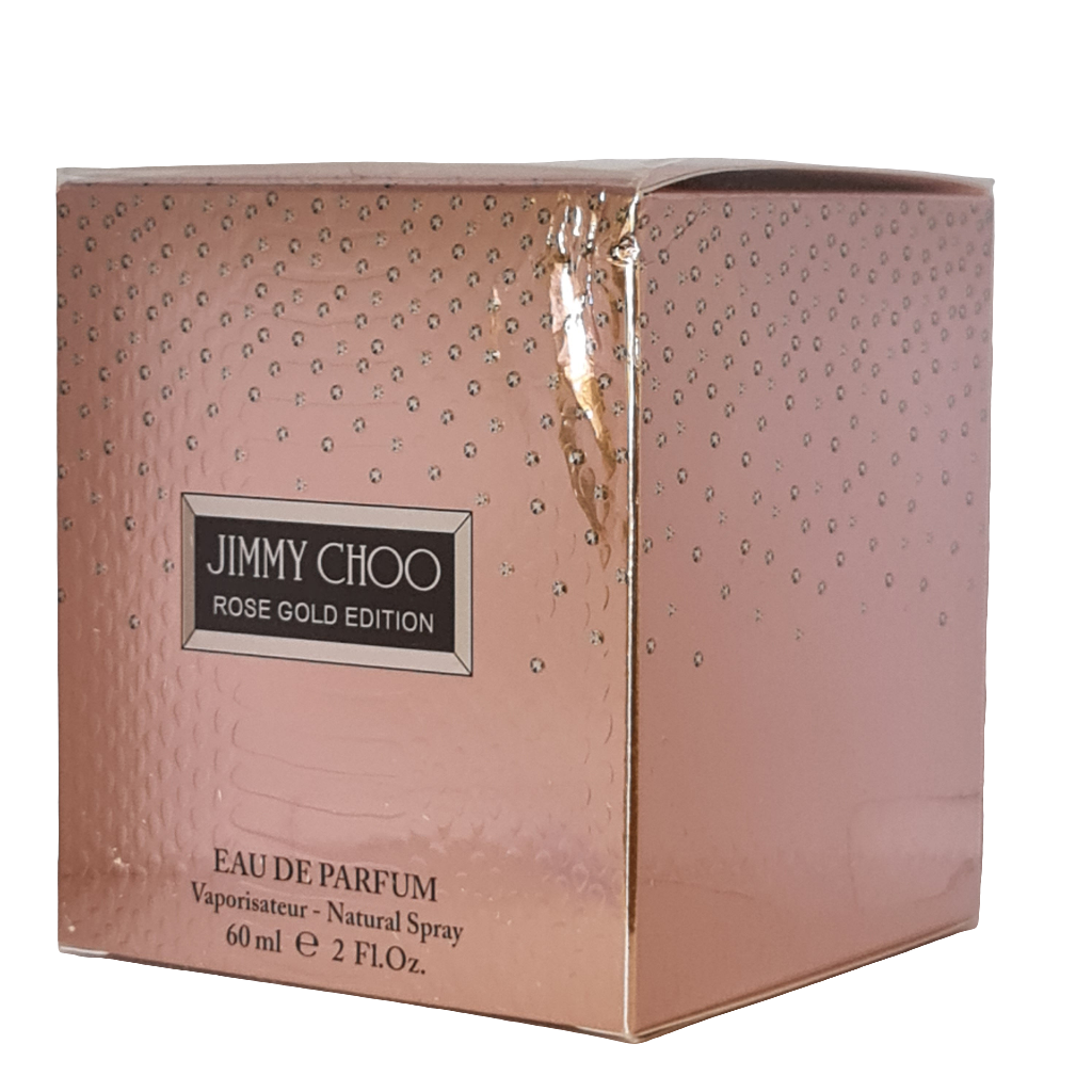 Jimmy Choo Rose Gold Edition Eau de Parfum 60ml. Imperfect box. See Description. Front angled photo of perfume box.