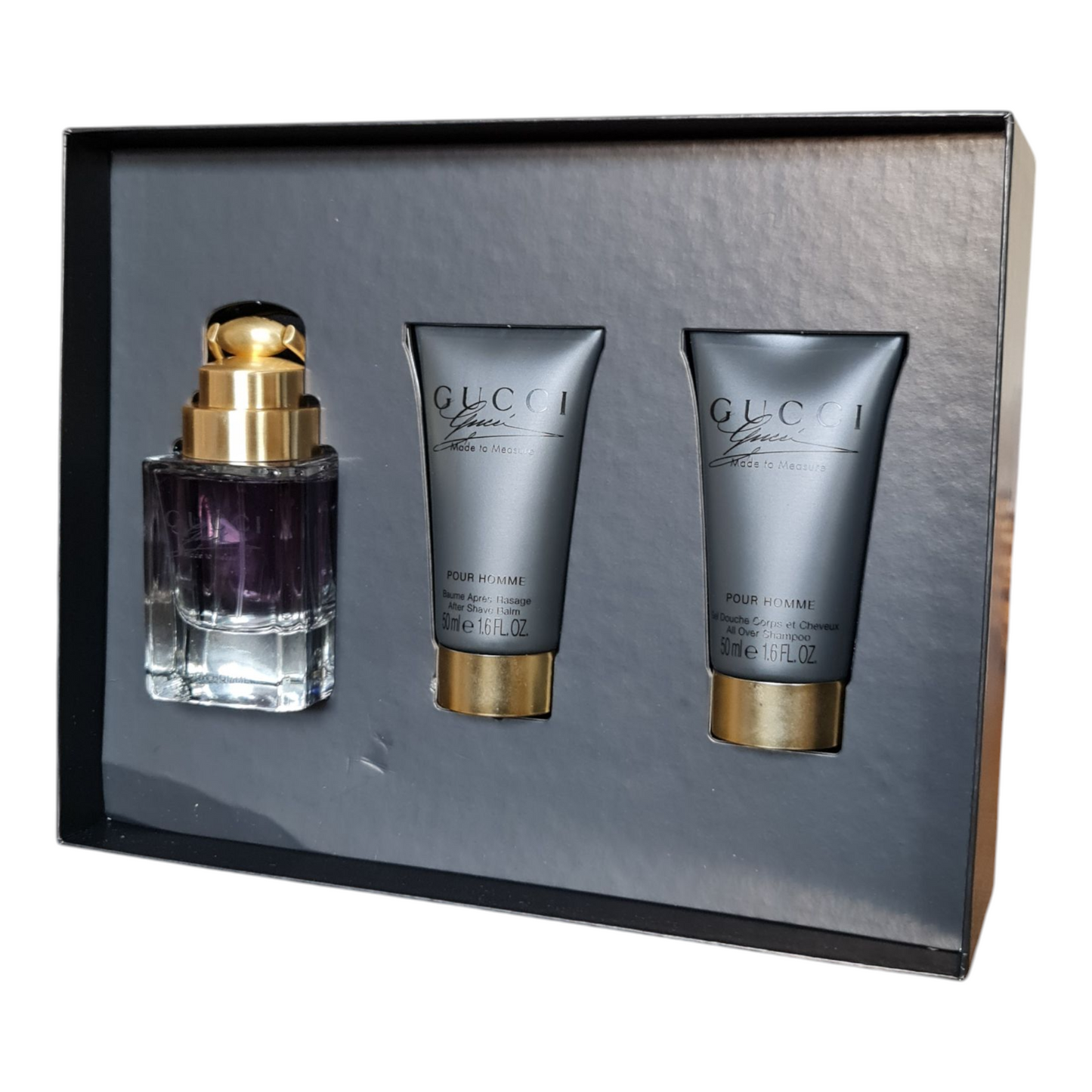 Gucci Made to Measure Pour Homme Eau De Toilette 50ml Gift Set.. Front angled photo of fragrance box.