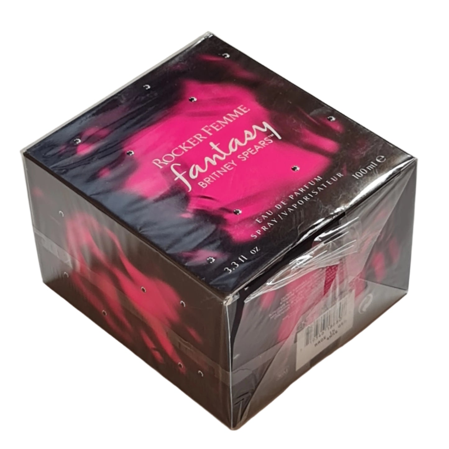 Britney Spears Rocker Femme Eau de Parfum 100ml. Imperfect Cellophane & Box. Item lying flat and angeled photo.