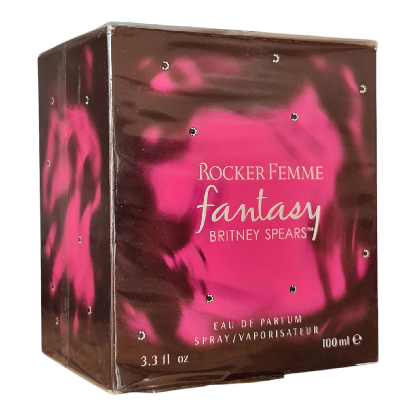 Britney Spears Rocker Femme Eau de Parfum 100ml. Imperfect Cellophane & Box. Front angled photo.