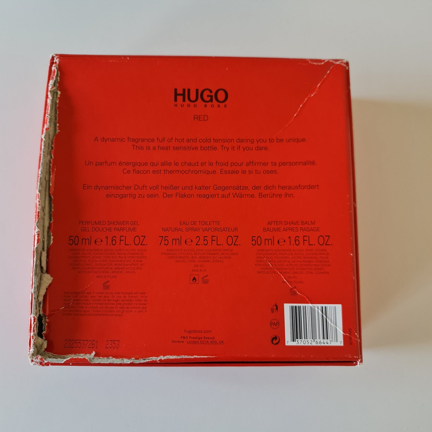 Hugo Boss Red Eau de Toilette 75ml gift set. Photo showing damaged back of box. Perfume, fragrance, cologne and scent.