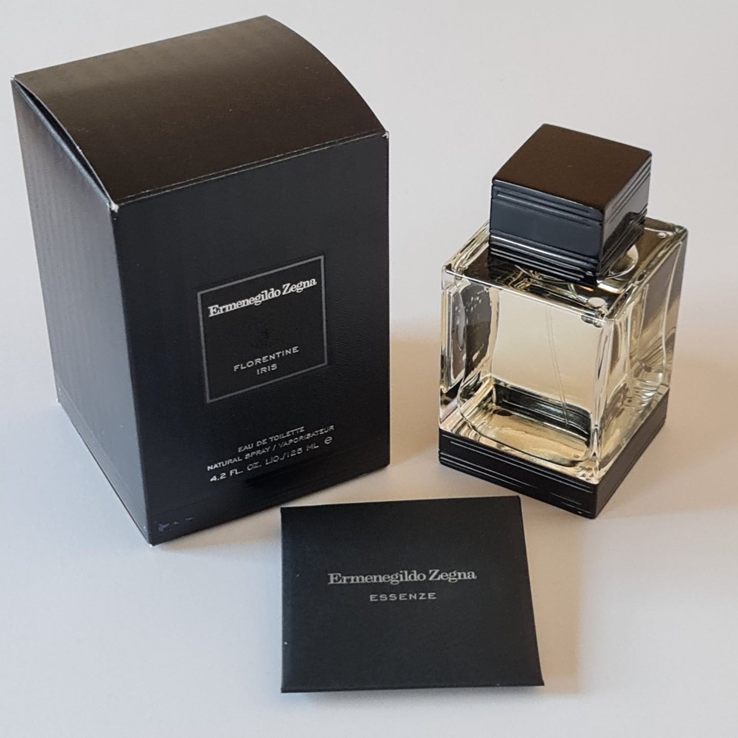 Ermenegildo Zegna Florentine Iris 125ml. Box and bottle back angled photo, perfume, fragrance, scent and cologne.