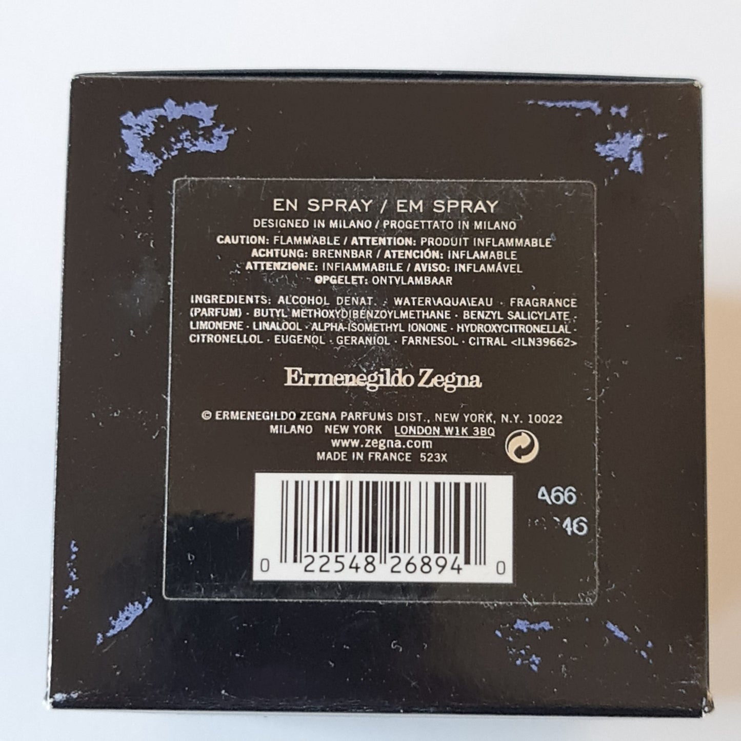 Ermenegildo Zegna Florentine Iris 125ml. Base of box, perfume, fragrance, scent and cologne.