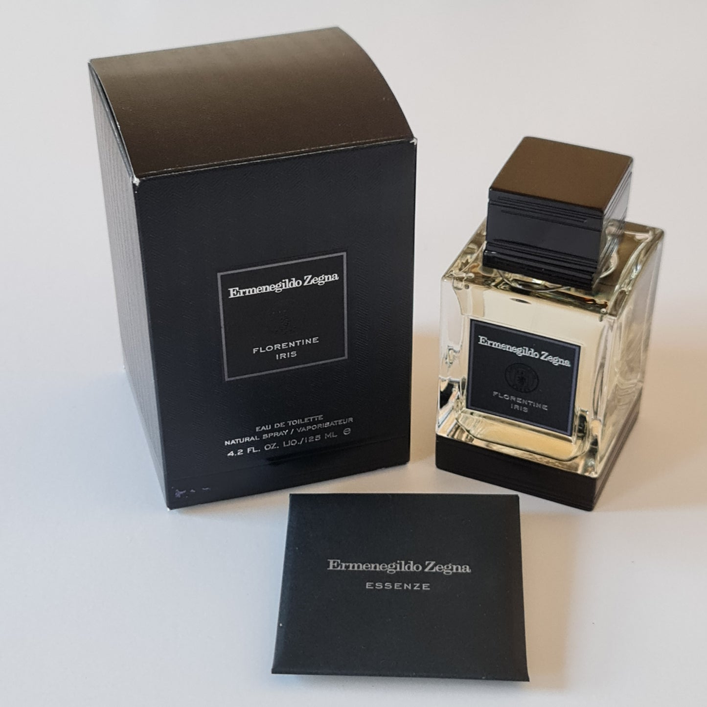 Ermenegildo Zegna Florentine Iris 125ml. Front angled photo of box and bottle, perfume, fragrance, scent and cologne.