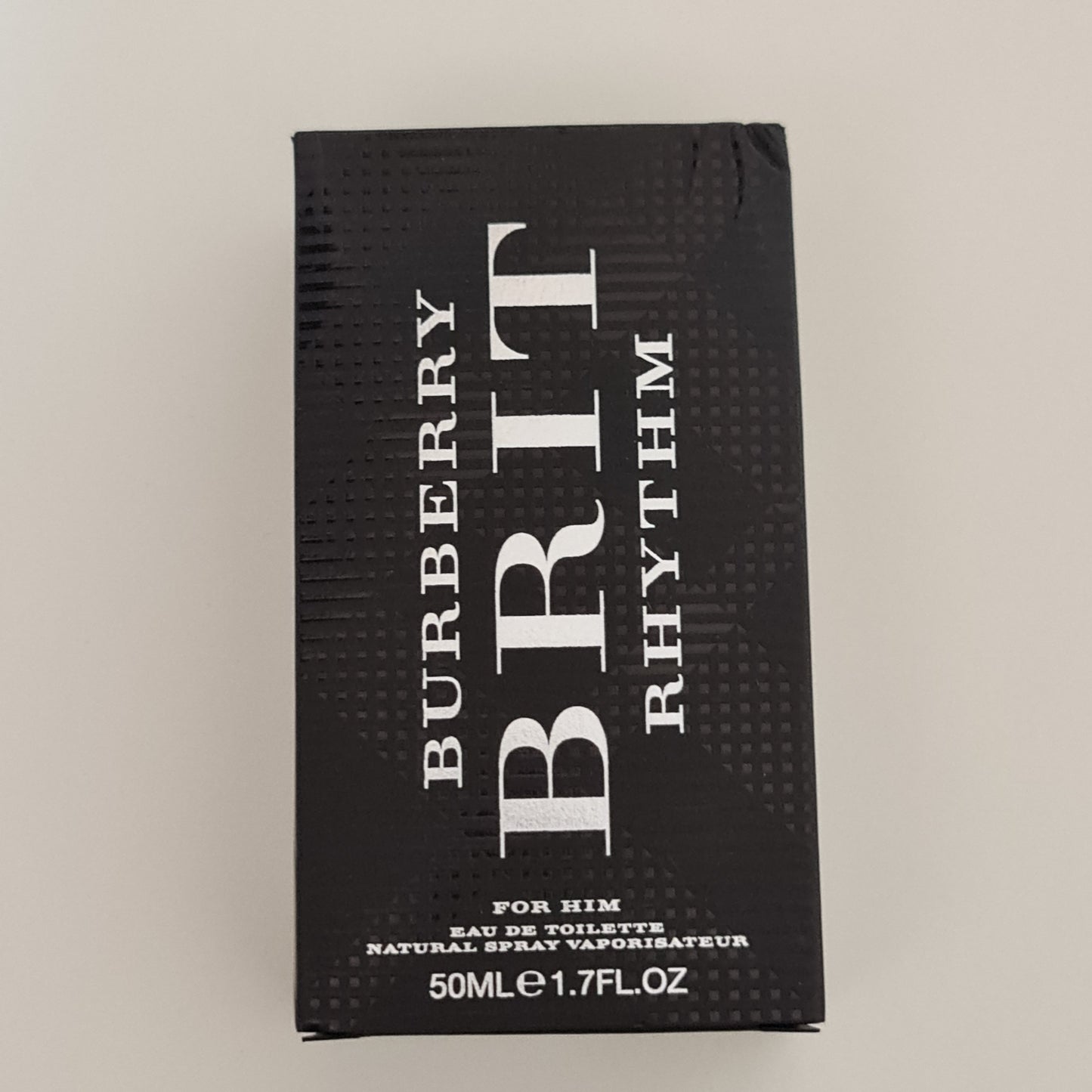 Burberry Brit Rhythm Eau de Toilette 50ml.  Front photo of box 2, scent, cologne, perfume and fragrance.