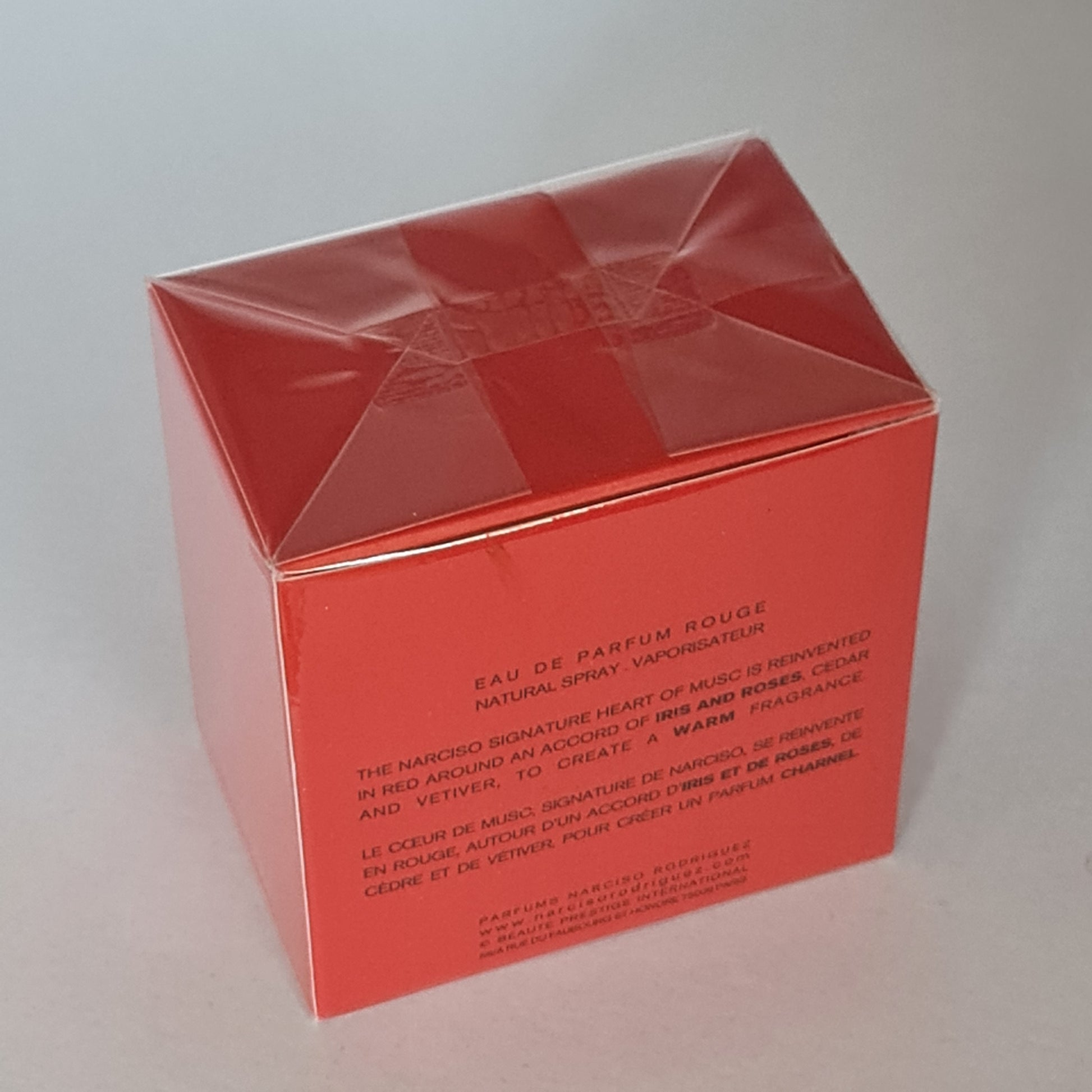 Birds eye view showing the rear of the perfume box.