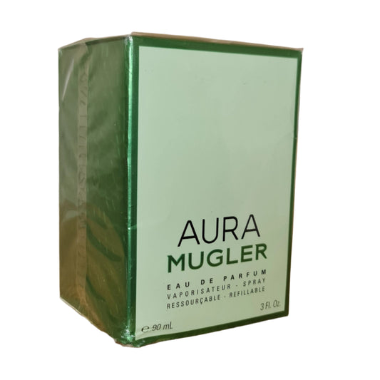 Mugler Aura Eau de Parfum, front angled photo of perfume box.