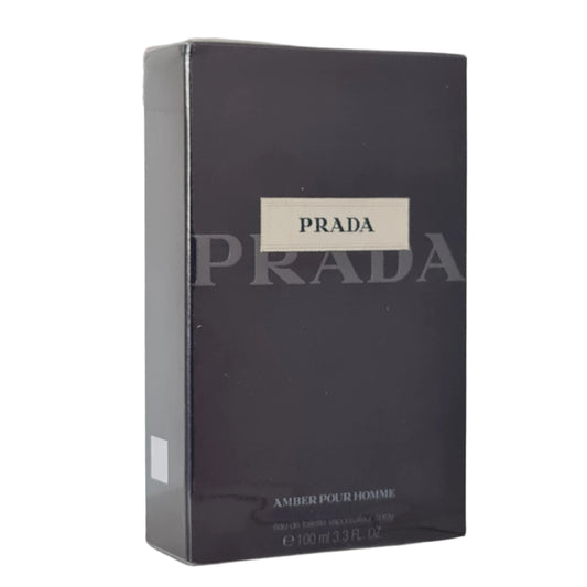 Prada Amber Pour Homme Eau De Toilette 100ml. Batch 2021. Front angled photo of perfume box.