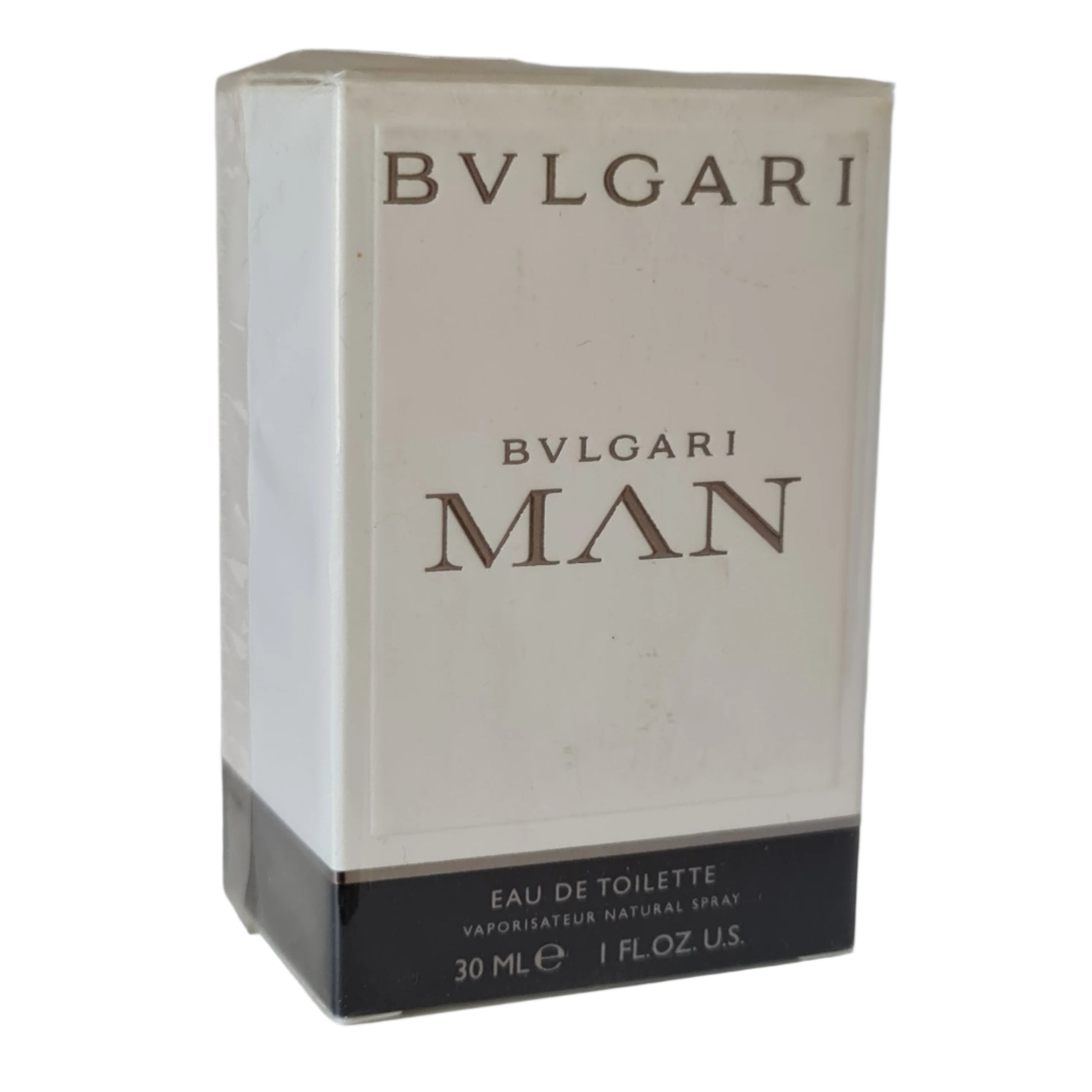 Bvlgari Man Eau de Toilette Spray 30ml. Front angled photo of perfume box.