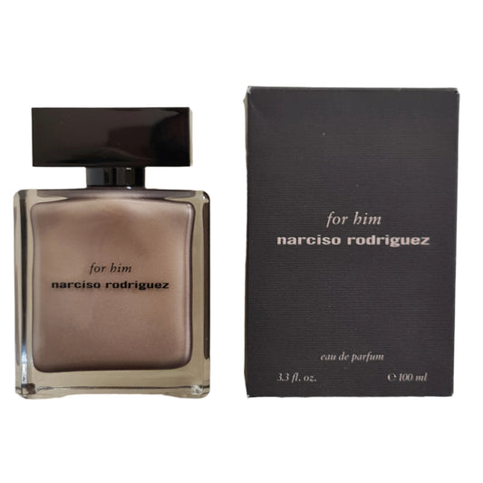Narciso Rodriguez For Him Eau de Parfum 100ml. Unsealed Box. Perfume bottle and box side by side.