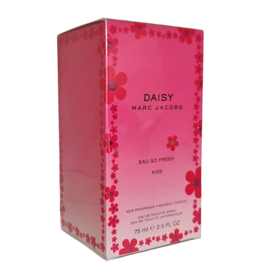 Marc Jacobs Daisy Eau So Fresh Kiss Eau de Toilette 75ml. Imperfect Box & Cellophane. Front angled photo of perfume box.