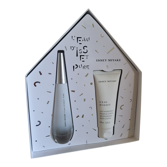 Issey Miyake L'eau D'Issey Pure Eau De Toilette 50ml 2 Piece Gift Set. See Description. Front angled photo of internal of gift box.