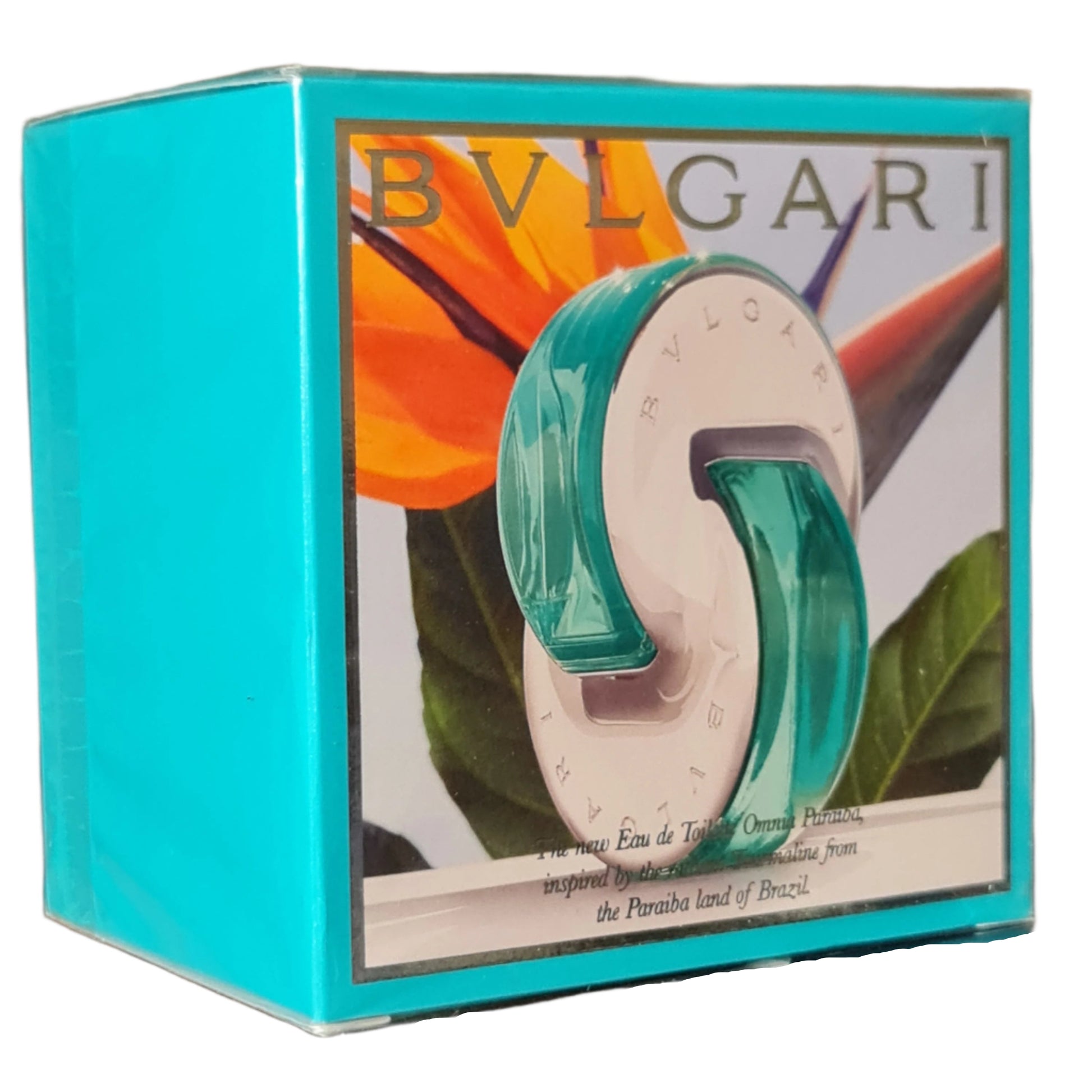 Bvlgari Omnia Paraiba Eau de Toilette 65ml. Vintage 2016 Batch. Second angled photo of perfume box.