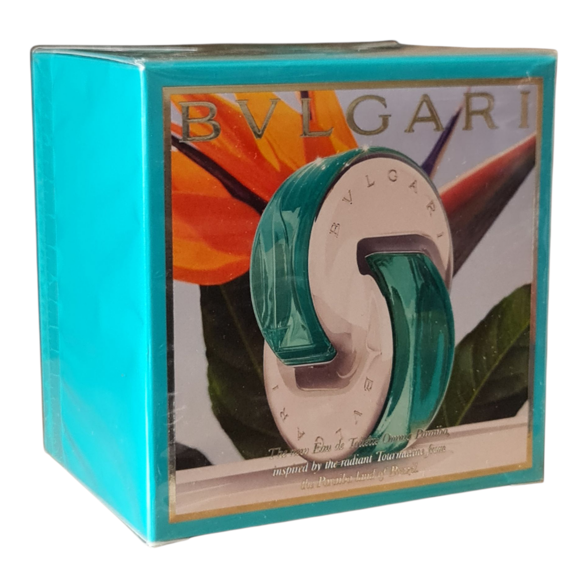 Bvlgari Omnia Paraiba Eau de Toilette 65ml. Vintage 2016 Batch. Front angled photo of perfume box.