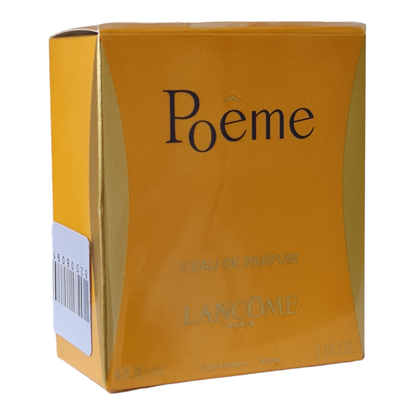 Lancome Poeme Eau De Parfum 30ml. Front angled photo two showing box, perfume, cologne, fragrance and scent.