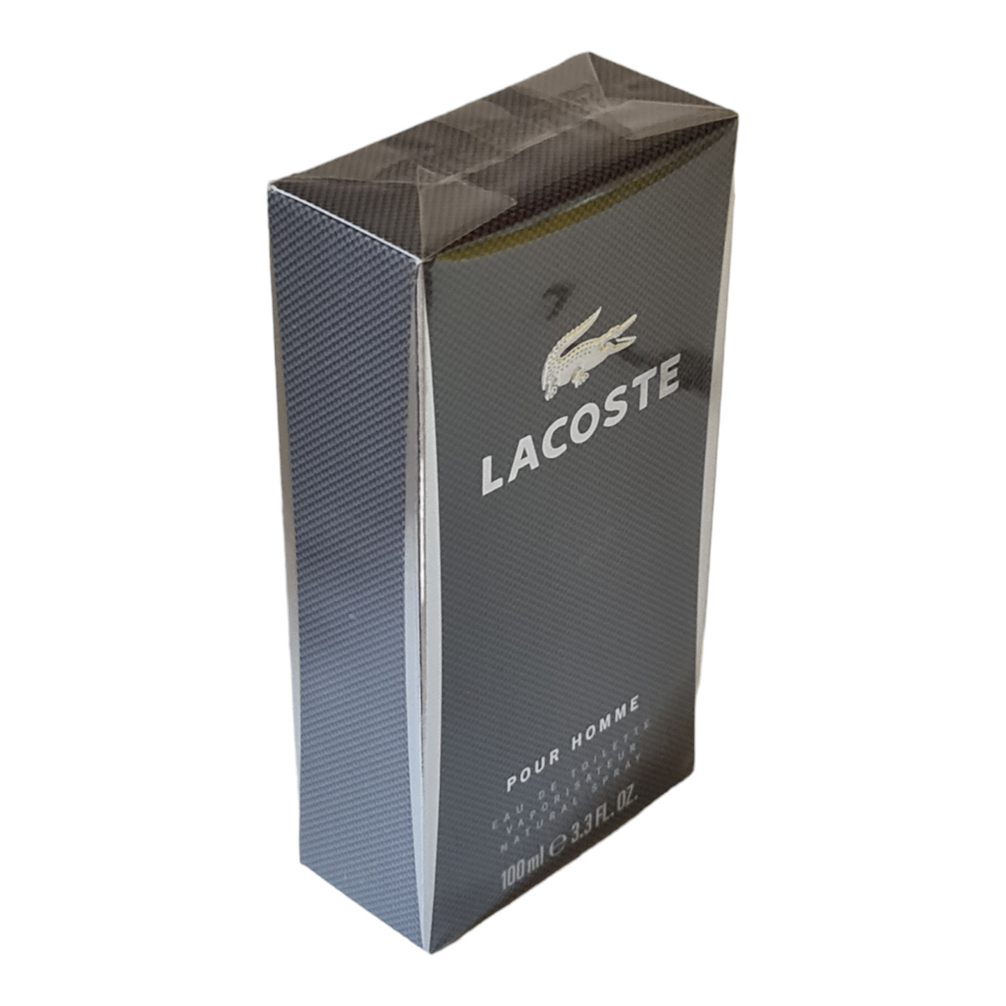 Lacoste Pour Homme Eau De Toilette 100ml. Bird's eye veiw photo of box, perfume, cologne, scent and fragrance.