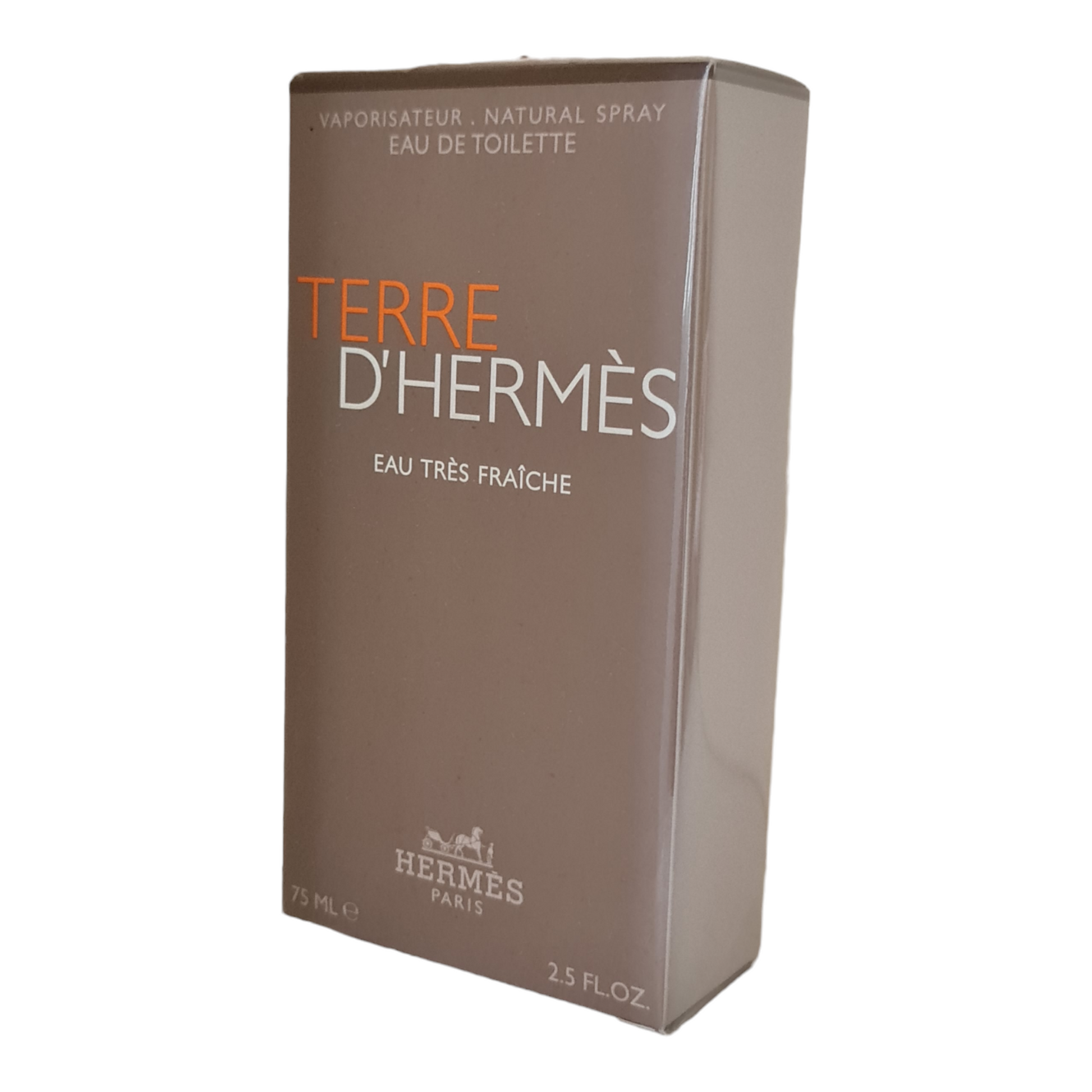 Hermes Terre D'Hermes Eau Tres Fraiche 75ml. Angled photo of box, perfume, cologne, scent and fragrance.