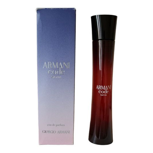 Giorgio Armani Code Satin Eau de Parfum 75ml. Photo of box and perfume bottle. Perfume, scent, cologne and fragrance