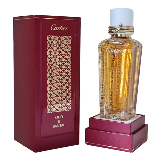 Cartier Oud & Santal Parfum 75ml. Front photo showing box and bottle at angle, perfume, scent, cologne and fragrance.