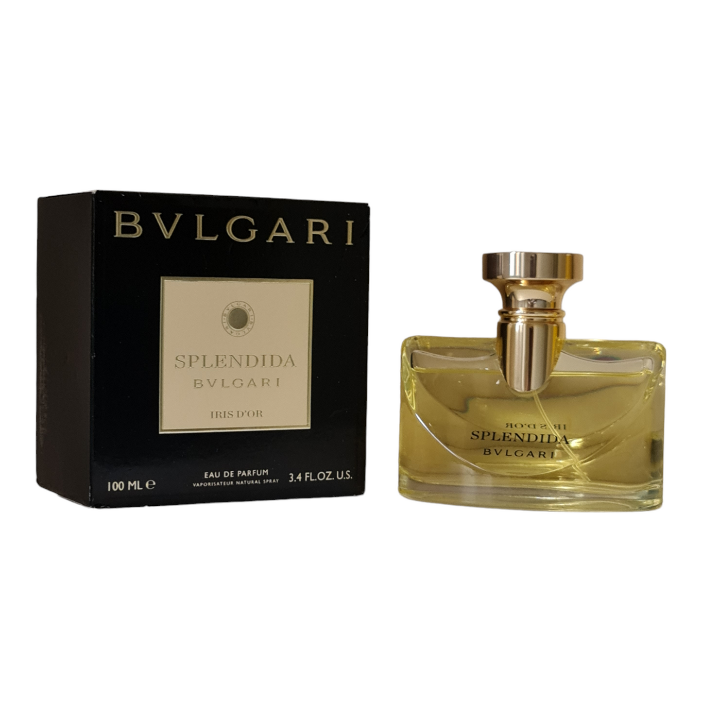 Bvlgari Splendida Iris d'Or Eau De Parfum 100ml. Front angled photo two of box and perfume bottle, perfume, cologne, scent and fragrance.