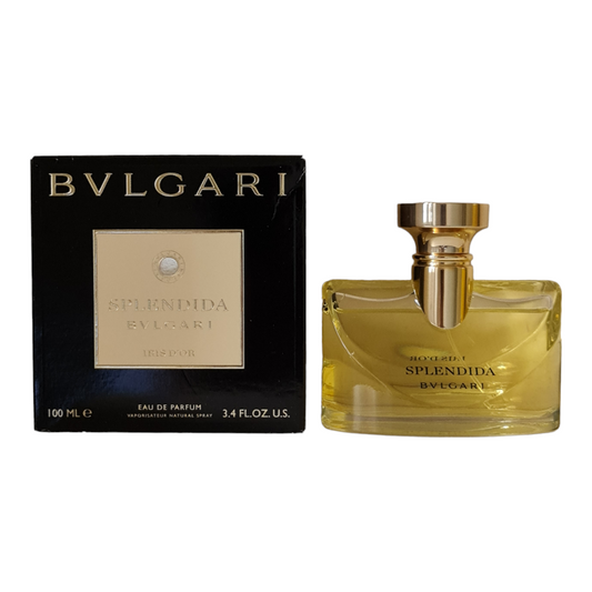 Bvlgari Splendida Iris d'Or Eau De Parfum 100ml. Front photo of box and perfume bottle, perfume, cologne, scent and fragrance.