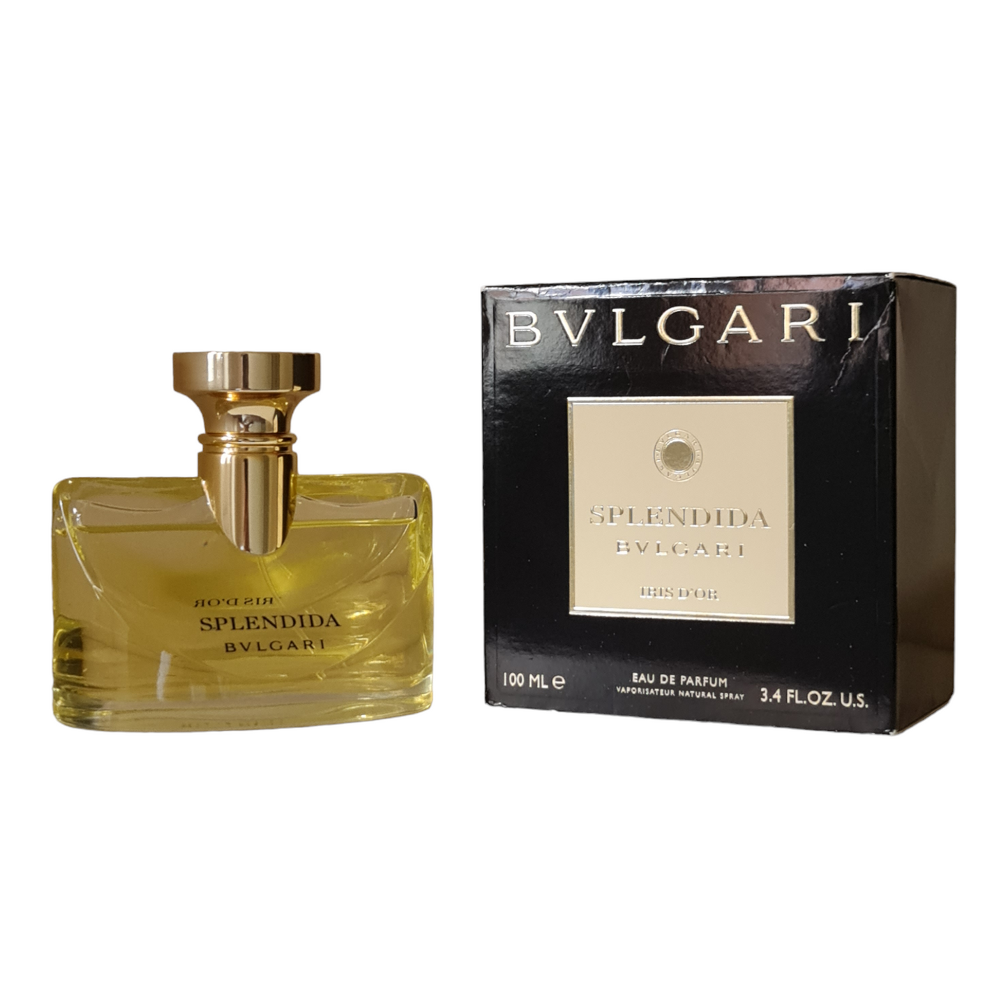 Bvlgari Splendida Iris d'Or Eau De Parfum 100ml. Front angled photo one, perfume, cologne, scent and fragrance.