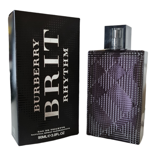 Burberry Brit Rhythm Eau De Toilette 90ml. See description. Vintage batch. Box and bottle angled photo, perfume, cologne, fragrance and scent.