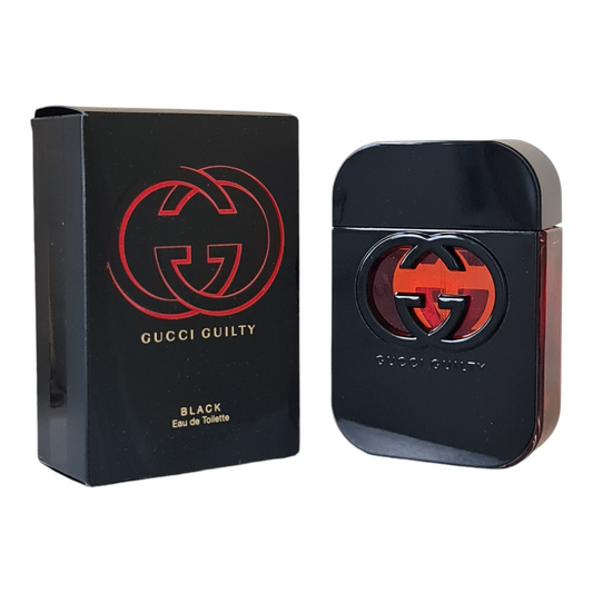 Gucci Guilty Black Eau De Toilette 75ml. Perfume bottle and box at a angle.